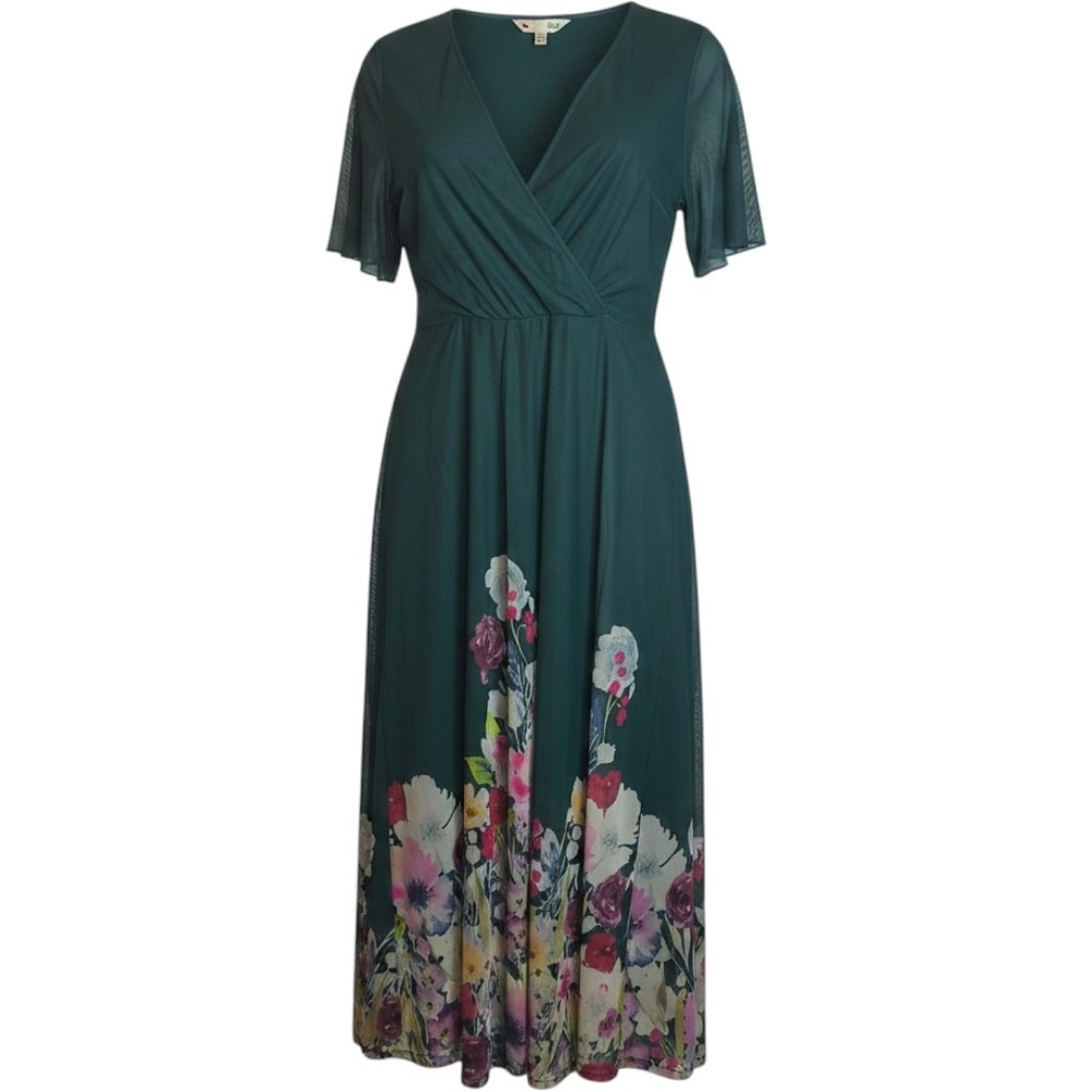 Yumi Womens Mesh Wrap Midi Dress Green Floral Hem Flutter Sleeve US 12 NWT